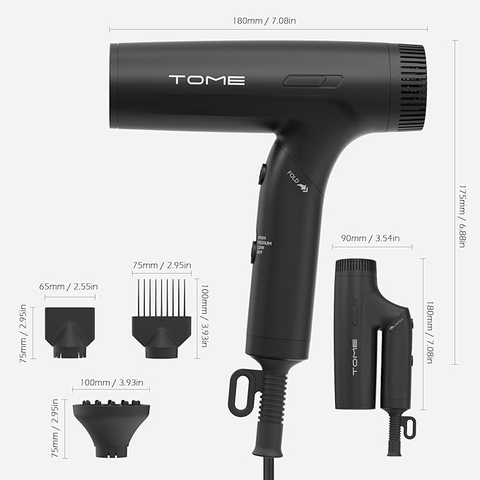 TOME 1200W Hair Dryer Travel Dual Voltage 120V/240V Foldable Blow Dryer with Diffuser Comb Nozzle Storage Bag Universal Power Adapter (Black)
