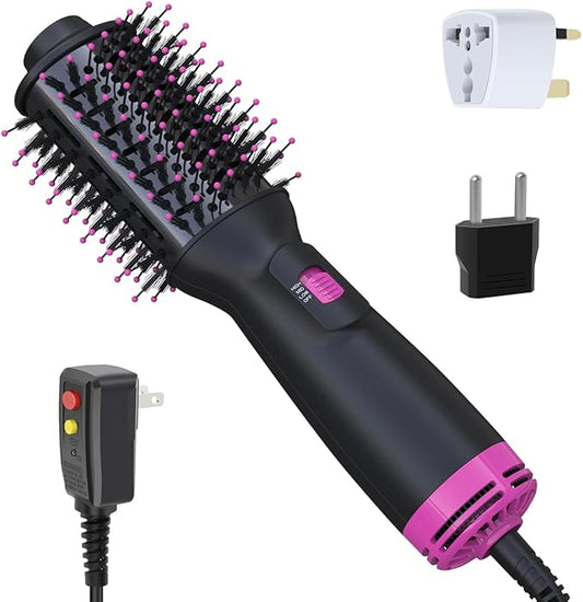 Dual Voltage Mini Hair Dryer Brush with UK/EU Plug, Blow Dryer Brushes 120V - 240V for European Travel, One Step Hair Dryer and Styler Volumizer with Negative Ion Anti-frizz Styling Brush