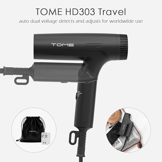 TOME 1200W Hair Dryer Travel Dual Voltage 120V/240V Foldable Blow Dryer with Diffuser Comb Nozzle Storage Bag Universal Power Adapter (Black)