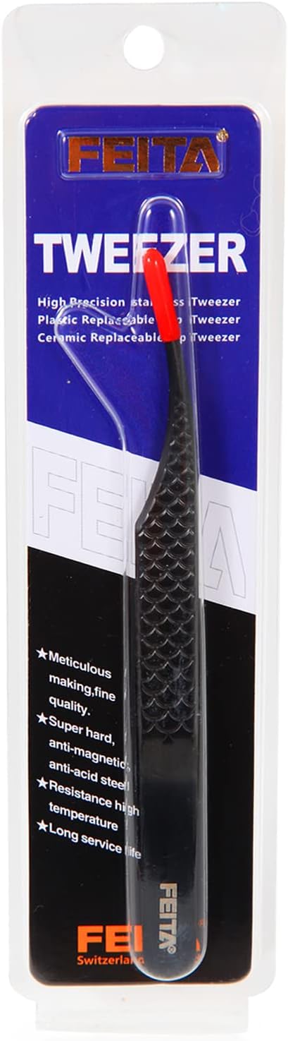 FEITA Diamond Grip Eyelash Extensions Tweezer Lash Precision Tweezers, Japanese Steel Dolphin-shaped Tip, False Lashes Application Tools, Black 1Pc