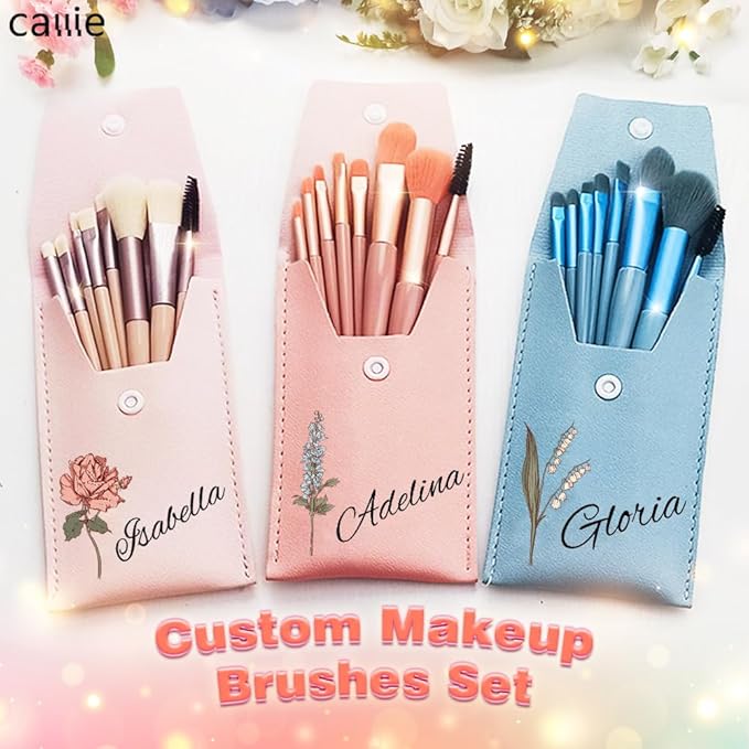 callie Personalized Makeup Brush Set, Custom Birth Flower Travel Cosmetic Makeup Brush Set with Bag Holder Case, Birthday Gift for Women (8 Brushes)