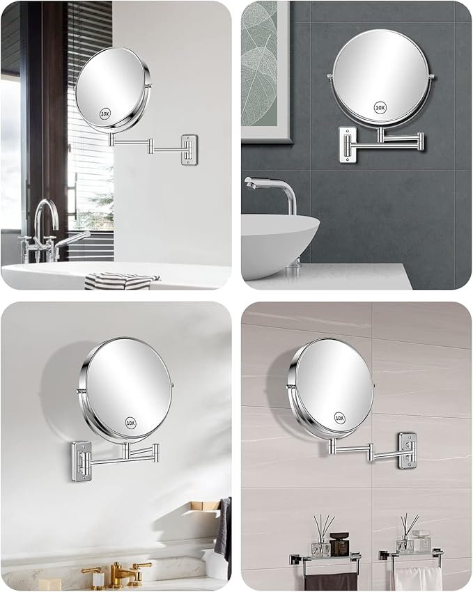 Gospire 9 Inch Extra Large Wall Mounted Mirror with 1X/10X Magnification, 360° Swivel & Extendable, Chrome Polished Finish for Bathroom Vanity, Shaving & Makeup (Men & Women)