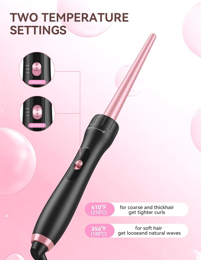 LANDOT Tapered Hair Curling Iron Wand: 9-19mm Curling Wand for Natural Curls & Textured Waves - Professional Detachable Clip Free Hair Curler - Includes Heat Resistant Silicone Mat & Glove