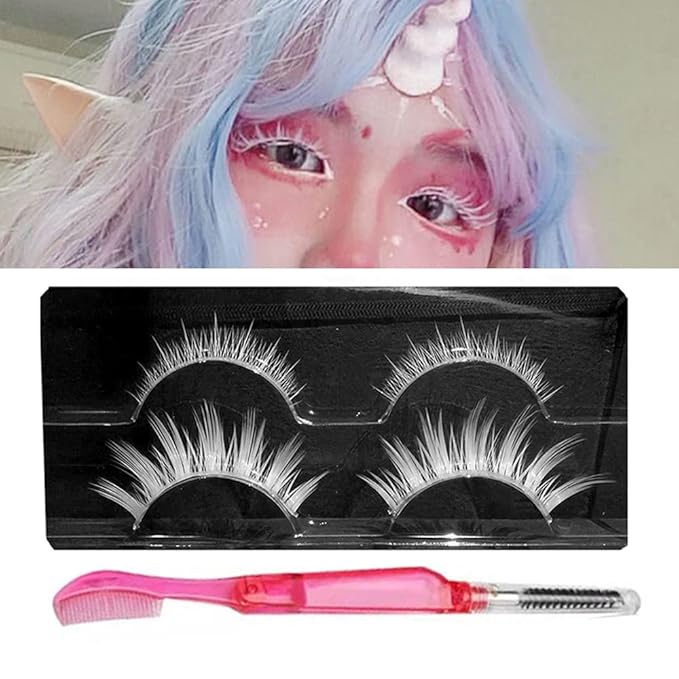 White False Eyelashes Comb for Cosplay, Halloween, Easter - Colorful Eye Extension Makeup Tools, Natural Looking Masquerade Party White Lashes (MQ11UD)