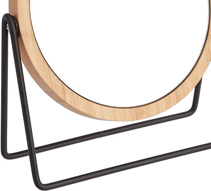 Amazon Basics Vanity Round Mirror with Bamboo Rim, Magnification, Tabletop Mount, Black, 7.2"L x 2.87 "W