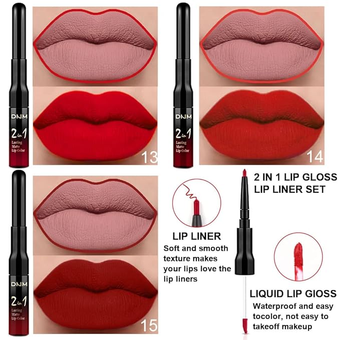 evpct 3Pcs Ruby Bright Dark Red Lip Stain Paint Matte Lip Liner and Liquid Lipstick Set for Women Long Lasting, labiales mate larga duracion listip 24 hours a prueba de agua mate 24 horas originales