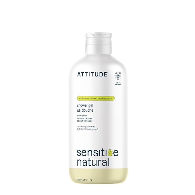 ATTITUDE Body Wash for Sensitive Skin with Oat and Argan Oil, EWG Verified, Dermatologically Tested, Vegan Personal Care, Vanilla Cream Scent 16 Fl Oz