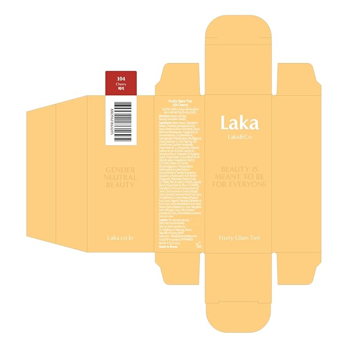 Laka Fruity Glam Tint, 4.5g/0.15 oz., Glowing Lip Stain with Wide Color Spectrum, Hydrating & Lightweight Texture, Long-Lasting Bold Stain, Non-Sticky, Vegan, K-Beauty (#104 Cherry)