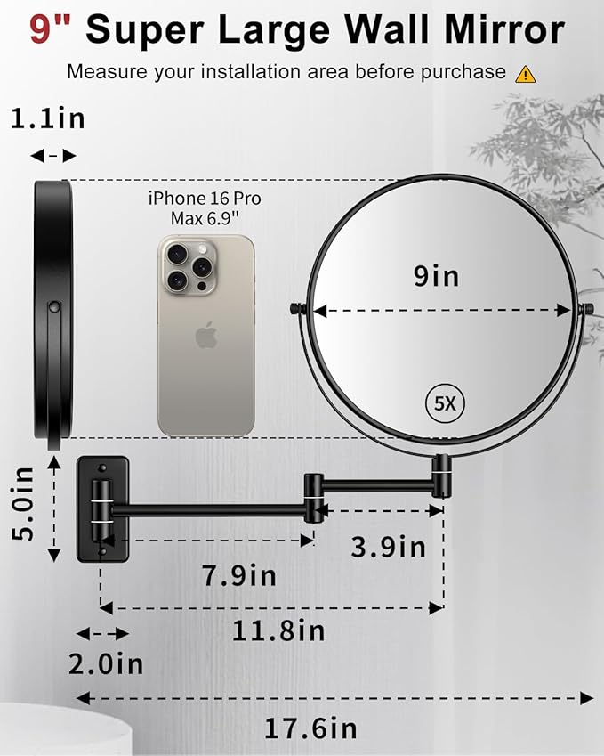 Gospire 9" Large Size Wall Mount Magnifying Mirror, 1X/10X Magnification Double-Sided, 360° Swivel Extendable Cosmetic Vanity Round Shaving Bathroom Mirror for Men and Women