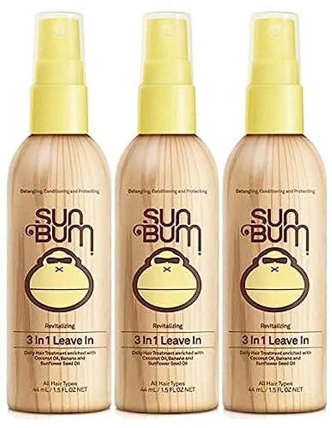 Sun Bum Revitalizing 3 in 1 Leave In Conditioner - Anti Frizz Detangler - Color Safe with UV Protection - Enriched with Coconut Oil and Banana - 1.5 oz (Pack of 3)