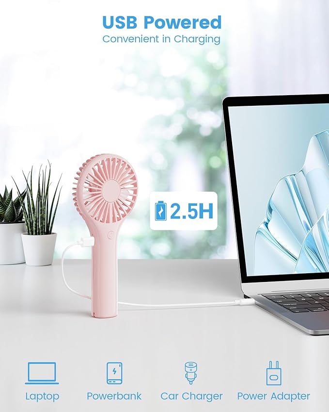 Portable Mini Fan - Powerful Personal Handheld Fan with 3 Speeds, Cute and Small, USB Rechargeable for Travel/Lash/Makeup/Outdoor/Home, Pink