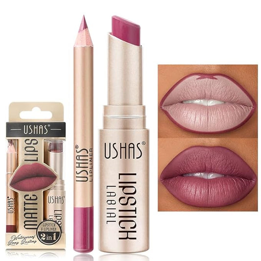 USHAS 2 in 1 Waterproof Lipstick and Lip Liner Combo Set for Women - Long Lasting Matte Pen With Makeup Kit (G3, Pack of 1)