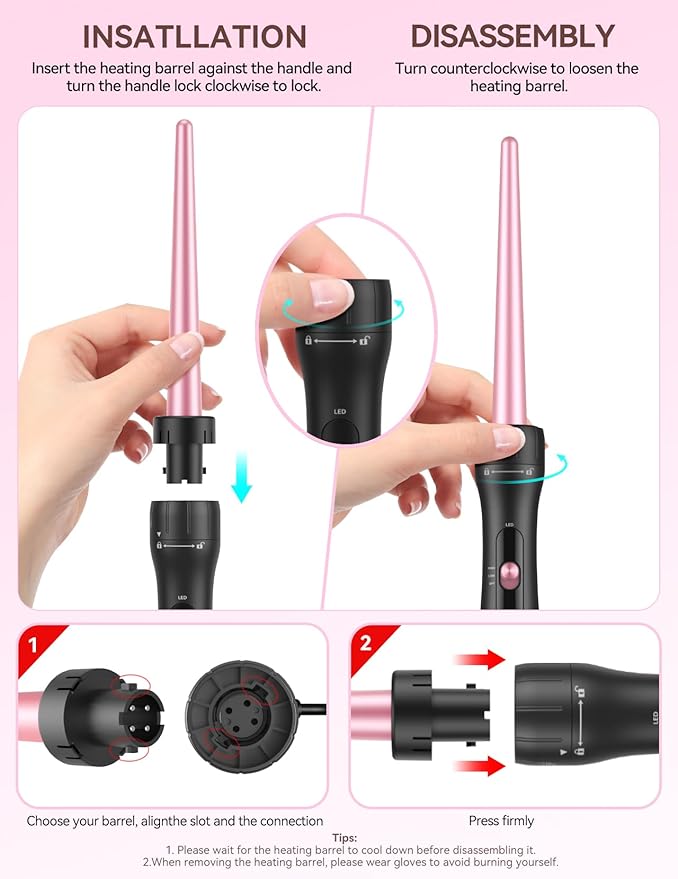 LANDOT Tapered Hair Curling Iron Wand: 9-19mm Curling Wand for Natural Curls & Textured Waves - Professional Detachable Clip Free Hair Curler - Includes Heat Resistant Silicone Mat & Glove