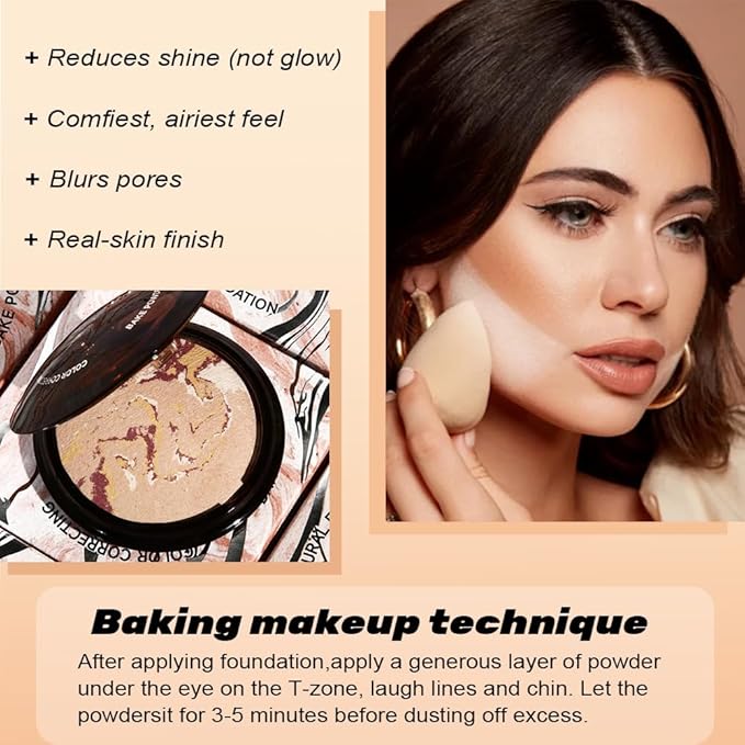 Pressed Matte Face Powder, Bake Foundation Makeup, Balance-n-Brighten & Color Correcting, Medium Light Fair Brown Concealer Base Mak up for Poreless Wrinkle Finishing, Shine Control