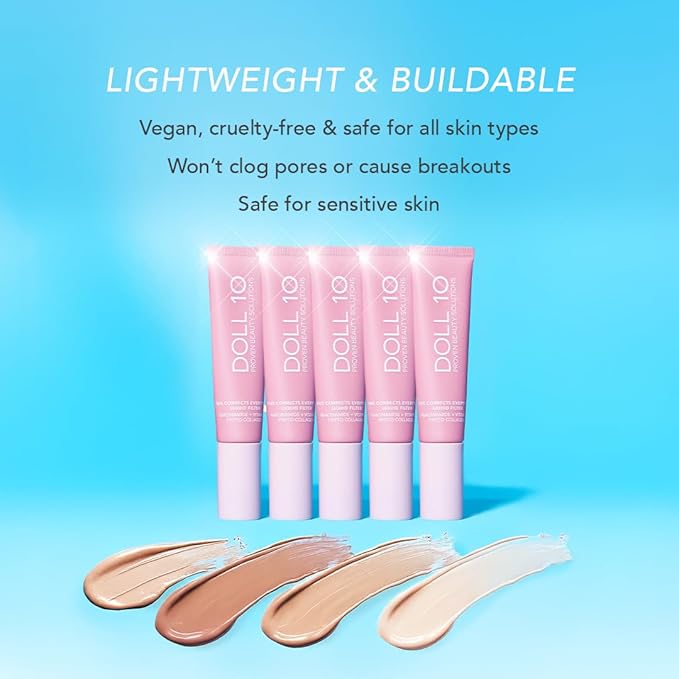 Doll 10 TCE Liquid Filter – CC Cream - Liquid Foundation - Lightweight Tinted Moisturizer & Skin Tint - Blurs Pores & Fine Lines - Vegan - Clean Makeup - [Tan/Deep] - 30 Day Supply