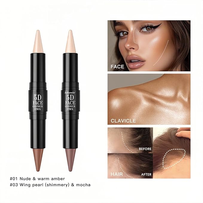 MAEPEOR 2-in-1 Contour Highlighter Stick Non-greasy and Non-drying Contour Pen Long Lasting Waterproof Face Brighten Contouring Makeup Pen (03 Wing Pearl & Mocha)