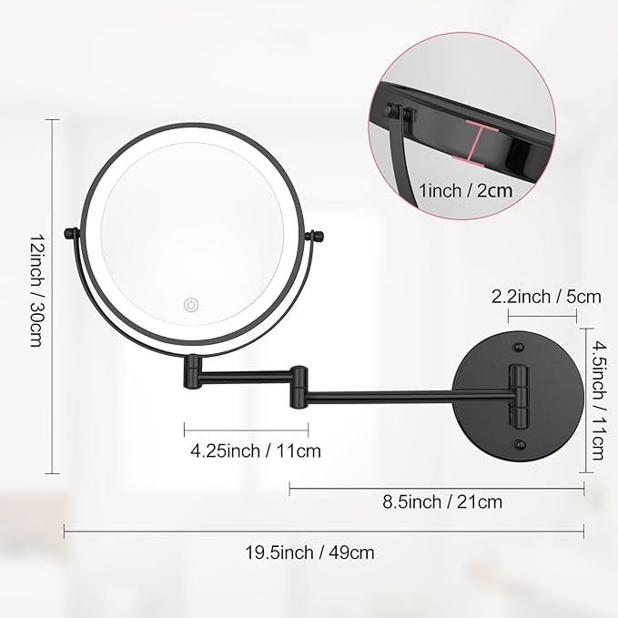 Rechargeable 8” Wall Mounted Makeup Mirror with Lights, 1X/10X Double-Sided, 2000mAh Battery, 3-Color Touch Control LED, Foldable Extendable Arm, Lighted Bathroom Vanity Mirror – Black