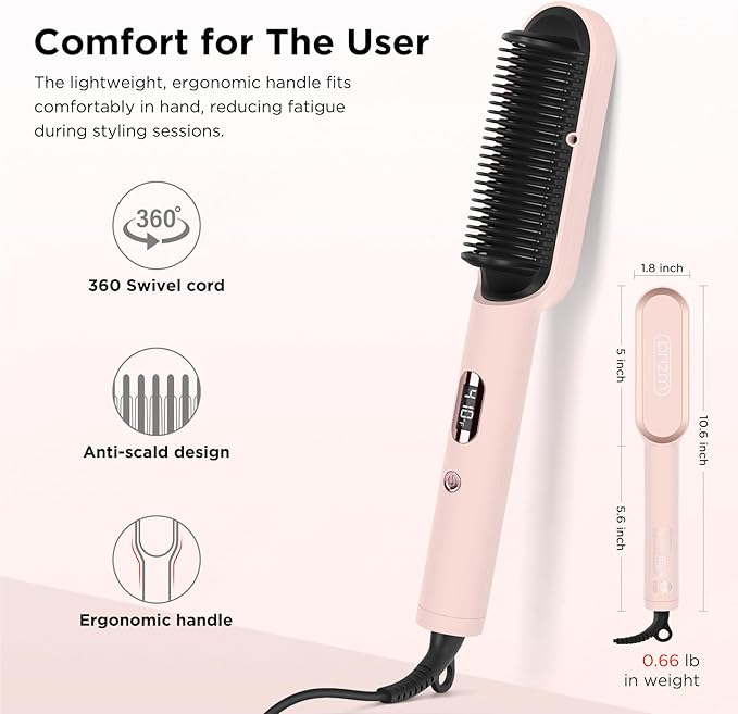 Prizm Hair Straightener Brush, 20s Fast Heating, Negative Ions Hair Straightening Brush with Less Frizz, 4 Temp Settings & LED Display, Anti-Scald Design, Gift for Women, Dual Voltage, Pink