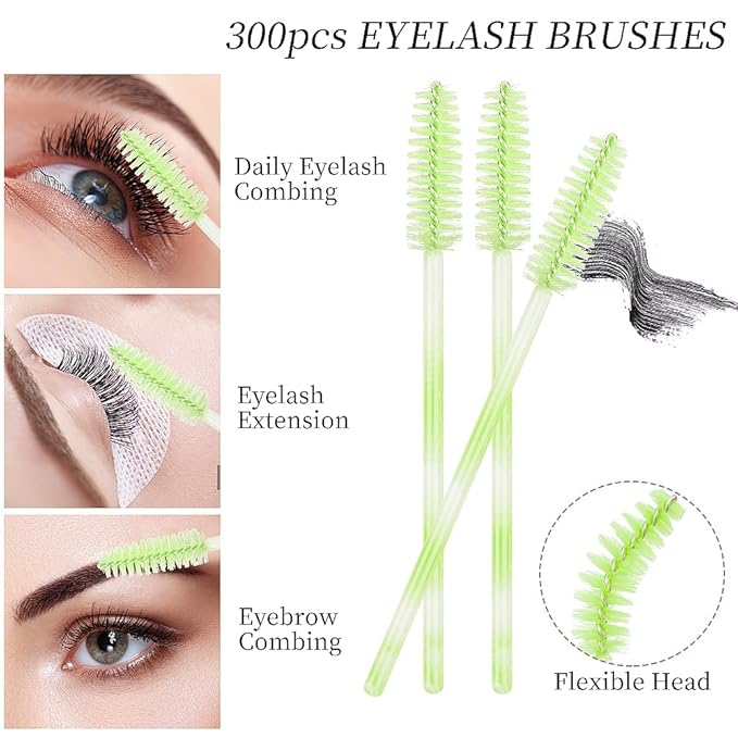300 Disposable Mascara Wands Eyelash Brush Spoolies for Eye Lash Extension Eyelash Extension Supplies Makeup Tools Accessories (Green)