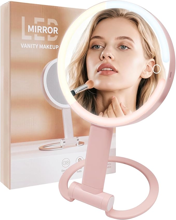 Makeup Mirror with Lights - 360° Rotation, 3 Color Modes (Dimmable), 1X/10X Magnifying Double-Sided Mirror, Rechargeable & Portable Vanity Mirror with Touch Control for Tabletop, Home, Travel Pink