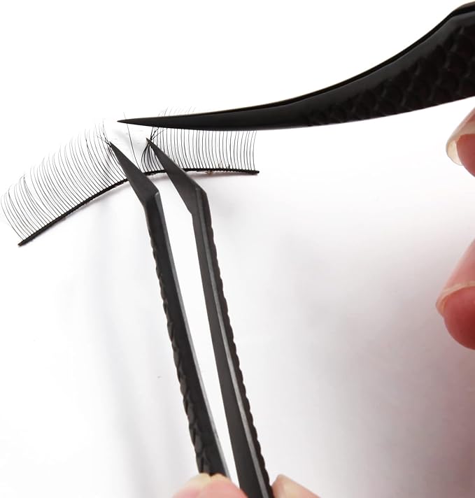 FEITA Diamond Grip Eyelash Extensions Tweezer Lash Precision Tweezers, Japanese Steel Dolphin-shaped & Angled Tip, False Lashes Application Tools, Black 2Pcs