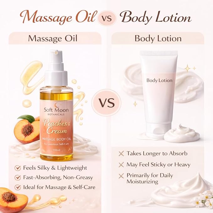 Peaches & Cream Massage Body Oil, Lightweight Moisturizing Oil for Silky Soft Skin, Non-Greasy Fast Absorbing