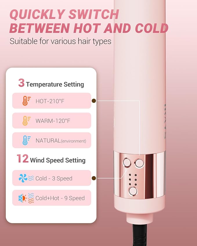 Hair Dryer Brush 6 in 1 Professional Hot Air Styler, 110,000 RPM High-Speed Negative Ionic Hair Dryer, Auto Wrap Curler Frizz-Free Airwrap for Curling Volumizing Straightening Styling Pink