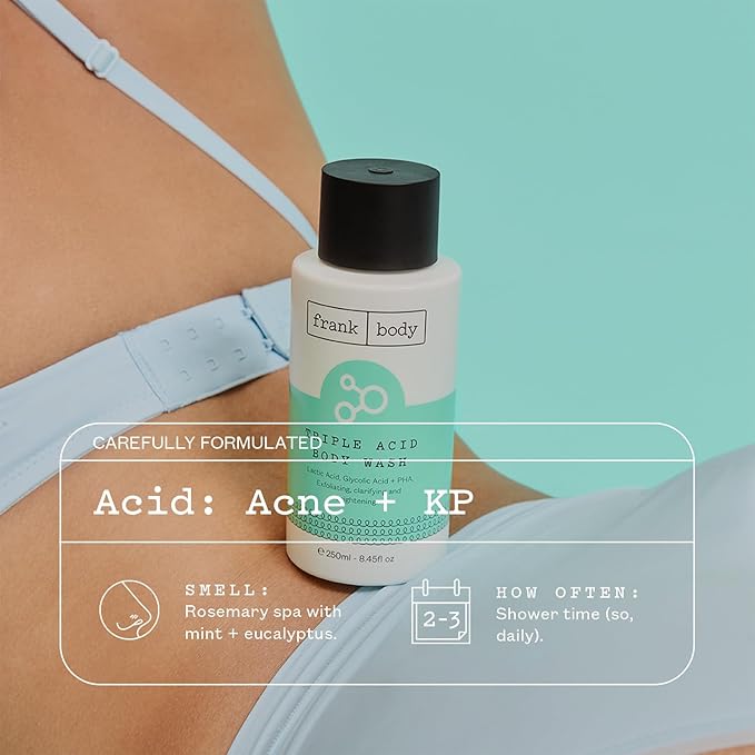 frank body Triple Acid Body Wash | Lactic, Glycolic & PHA Exfoliate, Clear Body Acne & Smooth Bumps | Daily Cleanser for KP & Breakouts | Vegan & Cruelty-Free | Rosemary Spa Scent | 250ml/8.45fl oz