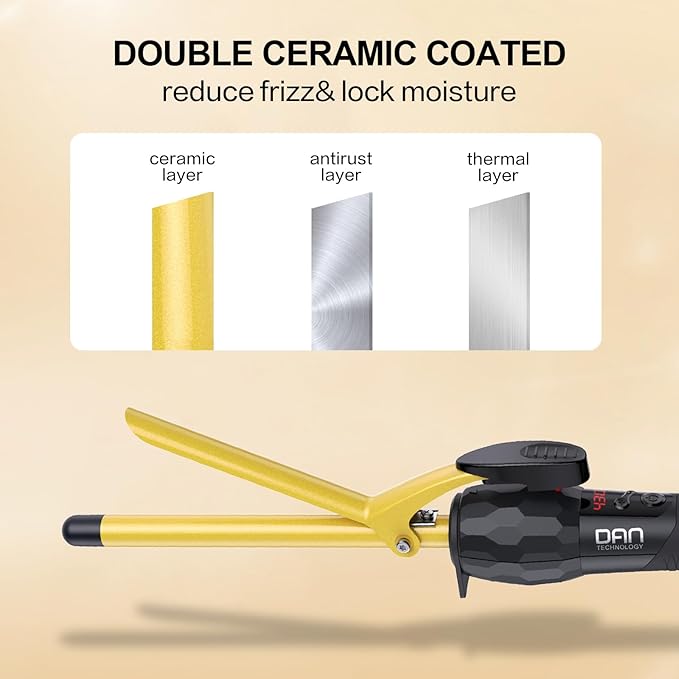 DAN Technology 1/2 Inch Thin Curling Iron for Corkscrew Curls, Tourmaline Ceramic Small Hair Curler with LCD Display (180°F–430°F), Fast Heating, Dual Voltage, Auto Shut-Off, Black & Gold