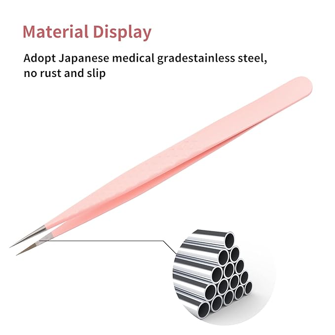 FADLASH Precision Lash Tweezers - Straight Fiber Tip Eyelash Extension Tweezers - Professional Artist Tech Work Kit - Pink