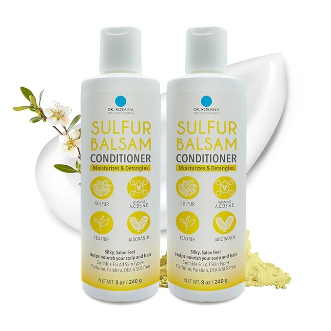 Dr. Robaina Sulfur Balsam Conditioner – Hydrating & Detangling Formula for Sensitive, Flaky or Itchy Scalp – Tea Tree & Shea Butter Blend – Color-Safe, Silicone-Free, 8 fl oz - Made in the USA