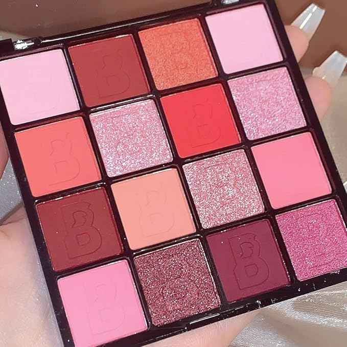 16 Colors Pink Red Matte Glitter Metallic Eye Shadow Palette, Korean Eyeshadow Palette Makeup, Pigmented Red Eyeshadow Kit for Halloween Parties, Joker Vampire Clown Makeup