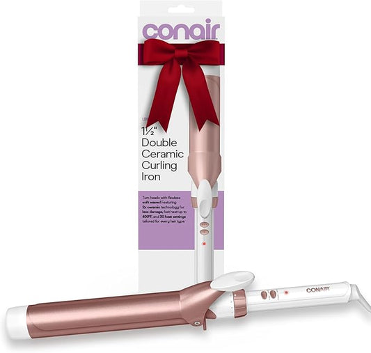 Conair Double Ceramic Curling Iron, 1 1/2" Extra-Long Barrel Hair Curling Iron, 30 Heat Settings, Turbo Heat, Auto Off, Cool Tip, Dual Voltage, Rose Gold