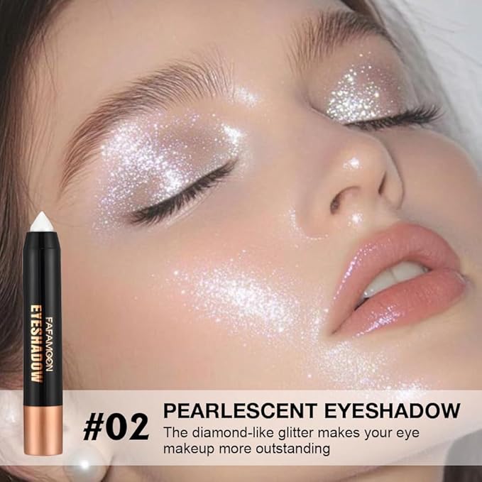 Monochrome Cream Shimmer Glitter Eyeshadow Pencil Stick for Women, Shimmer White Eye Shadow Eyeliner Pencil Sticks Makeup, sombras para ojos, Waterproof, Vegan & Cruelty-Free, 02#