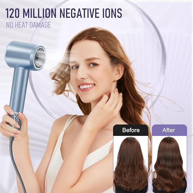 Hair Dryer,120 Million Negative Ions High-Speed & Low Noise Blow Dryer for Fast Drying, Thermo-Control Quiet Compact Hair Blow Dryer with Magnetic Styling Nozzle for Students and Home(Blue)