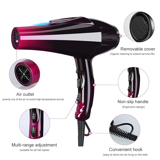 Professional Hair Dryer with Blue Light Far Infrared Negative Ionic 3500W Blow Dryer Fast Drying Heat Hairdryer Powerful Home Salon Hair Dryers with Attachment