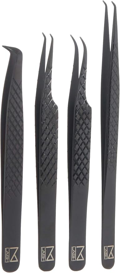 M LASH Tweezers for Eyelash Extensions (Set of 4) - Professional Lash Extension Tweezers - Fiber Tip, Japanese Steel, Diamond Grip Eyelash Extension Tweezer (Black)