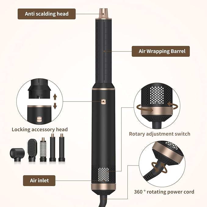 5 in 1 Hair Dryer Brush Hot Air Curling Brush Negative Ion Air Styler，Multi Function Blow Dryer Brush with Curling Wand, Straightening Brush, and Volumizing Hot Air Brush for All Hair Types（Black）