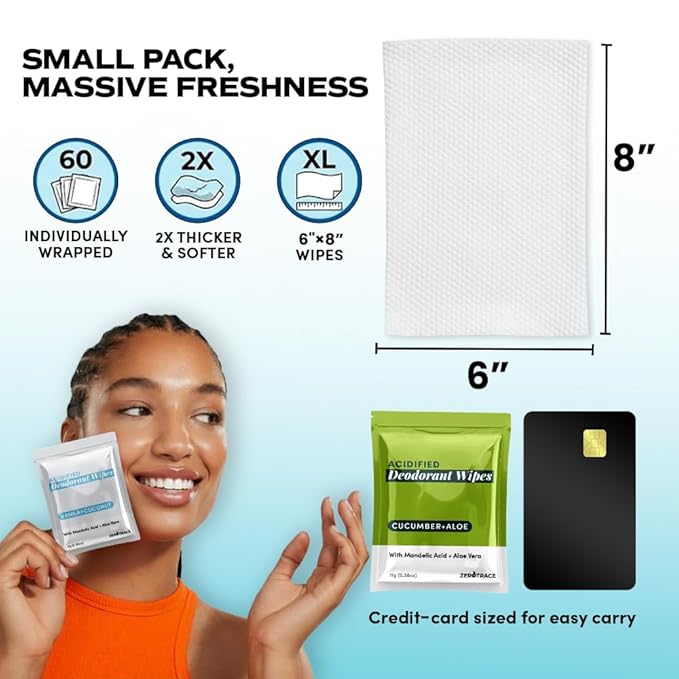 Zero Trace Travel Deodorant Wipes - 60 Count- 24 Hour Odor Control - Aluminum Free Hypoallergenic Mini Deodorant For Women and Men - Individually Wrapped Underarm & Body Wipes- Nature Bliss Trio
