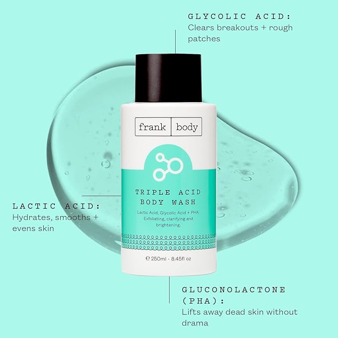frank body Triple Acid Body Wash | Lactic, Glycolic & PHA Exfoliate, Clear Body Acne & Smooth Bumps | Daily Cleanser for KP & Breakouts | Vegan & Cruelty-Free | Rosemary Spa Scent | 250ml/8.45fl oz