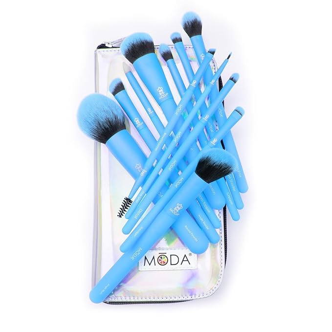 MODA Totally Electric Neon Blue Full Face Makeup Brush Kit – 13pc Vibrant Brush Set for Face & Eyes with Zip Case