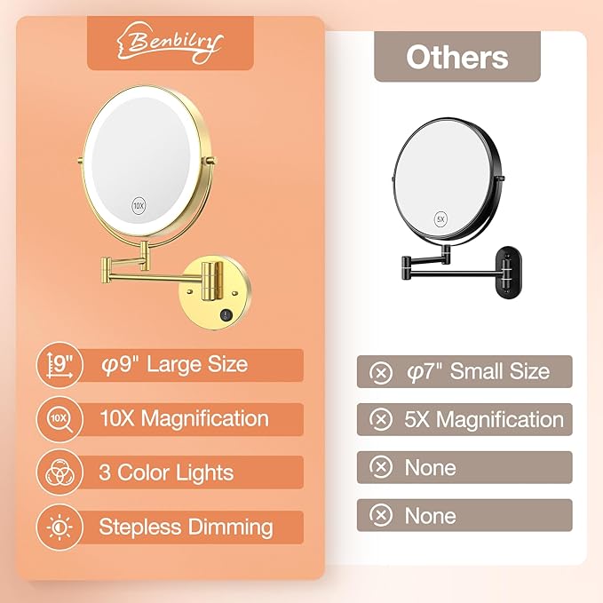 Benbilry 9" Large Wall Mounted Lighted Makeup Mirror, 1X/10X Magnifying 2-Sided AC Plug-in Powered Bathroom Mirror with 3 Color Lights, Touch Dimmable, Extended Arm 360° Rotation, 【Gold】