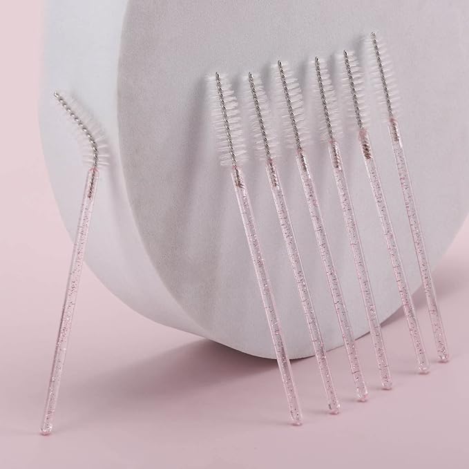 Tbestmax 300 Pcs Disposable Spoolies, Mascara Wand Eyelashes Brushes Applicator for Eyebrow Eye Lash Extension Pink Stick White Head