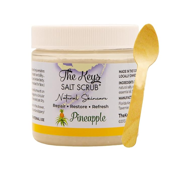 The Keys Salt Scrub -Sea Salt Scrub - Exfoliating Body Scrub with Wooden Spoon - Moisturizing Exfoliator for Hands, Foot, Bath, (Pineapple) (3.4 Fl Oz (Pack of 1), Pineapple)