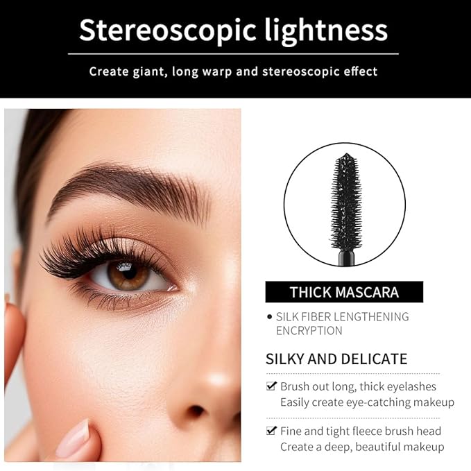 4D Silk Fiber Lash Mascara, Black Mascara Lengthens And Volumizes, Long-Lasting Waterproof Smudge-Proof, Non-Flaking Natural No Clumping Thickens, Hypoallergenic Formula (1 Pack)