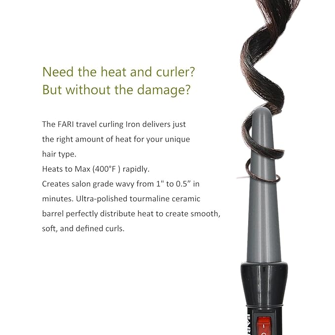 FARI Travel Mini Hair Curling Iron Wand with Ceramic Tourmaline Coating, Dual Voltage Fast Heating Barrel Creates Salon Grade Wavy in Minutes, Heat Resistant Glove and Travel Pouch Included, Black