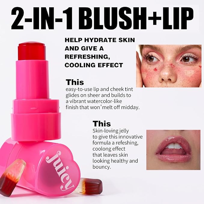 5 Colors Hydrating Lip & Cheek Tint, Long-Lasting Jelly Blush Stick with Cooling Effect, Watercolor-Like Finish (# 02)