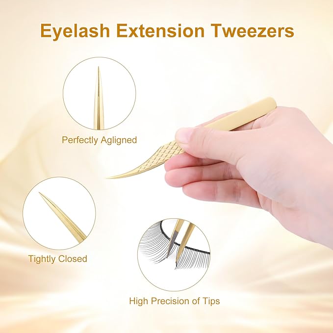 NAGARAKU Precision Fiber Tip Grip Tweezer for Eyelash Extensions Diamond Handle Anti-Static Anti-Slip Premium Gold Stainless Steel Eyelashes Curved Tweezers Supplies with Box(Dolphin Tweezer AG-05)