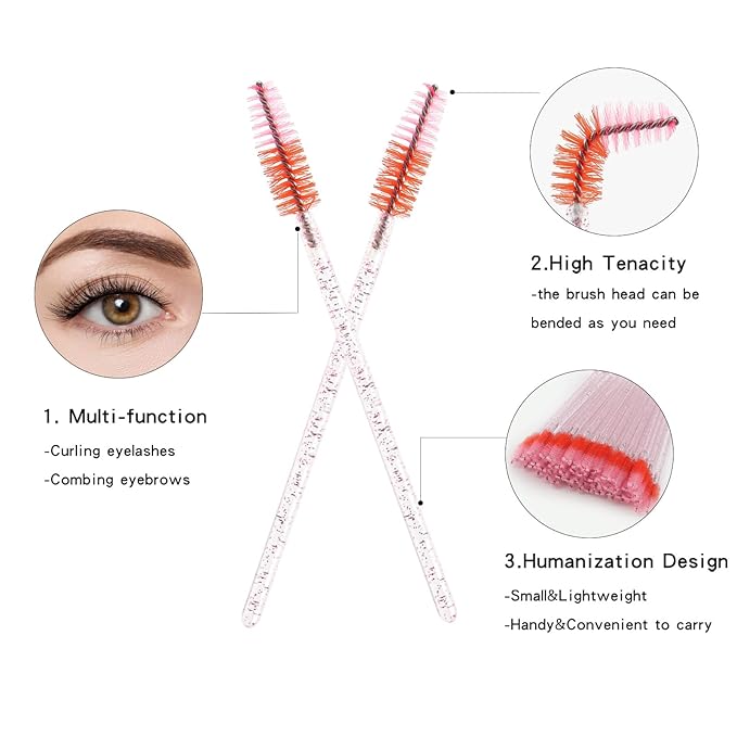 50 PCS Crystal Eyelash Mascara Wands Disposable Lash Brushes for Extensions Spoolie Brush Applicators Makeup Tool Kits (crystal handle red pink)
