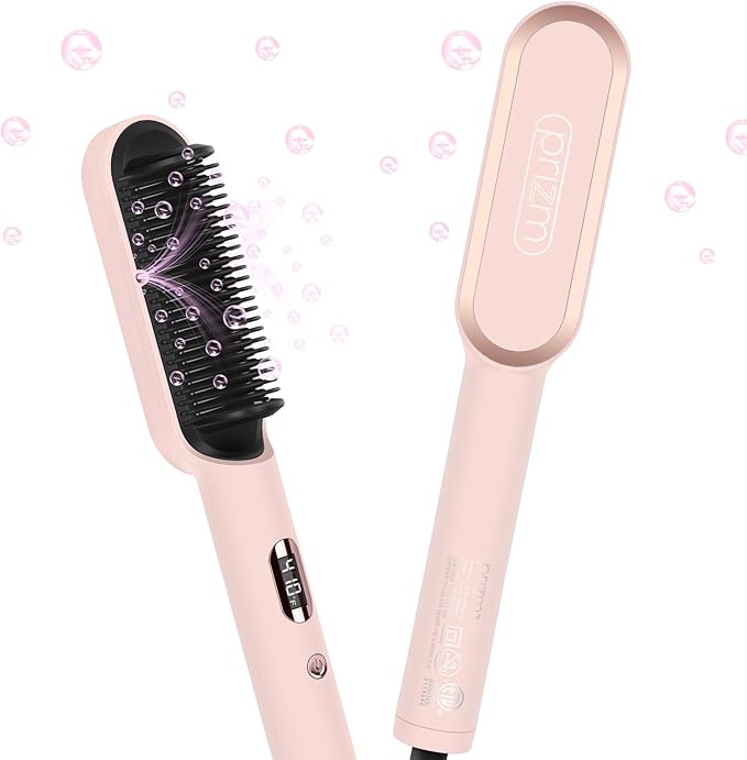 Prizm Hair Straightener Brush, 20s Fast Heating, Negative Ions Hair Straightening Brush with Less Frizz, 4 Temp Settings & LED Display, Anti-Scald Design, Gift for Women, Dual Voltage, Pink